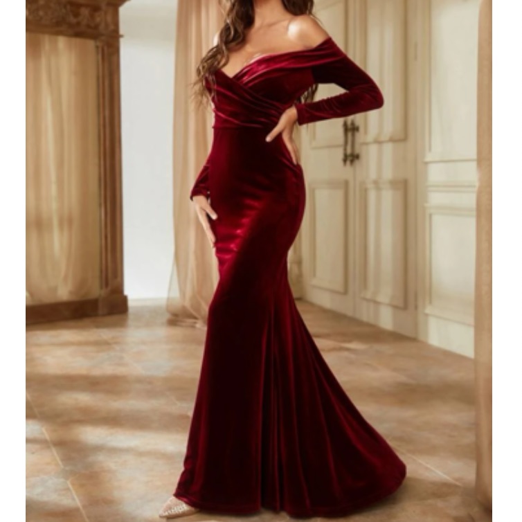 Luxe Off Shoulder Party Bridesmaids Wedding Velvet Maxi Dress